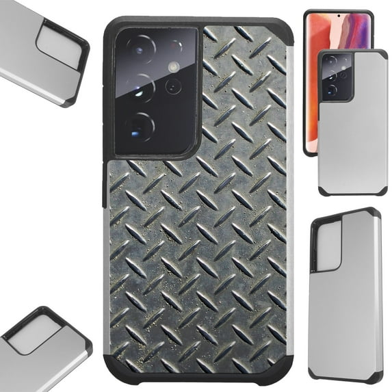 Compatible with Samsung Galaxy S22 Ultra 5G 6.8" Hybrid Fusion Guard Phone Case Cover (Metal Crosshatch Print)