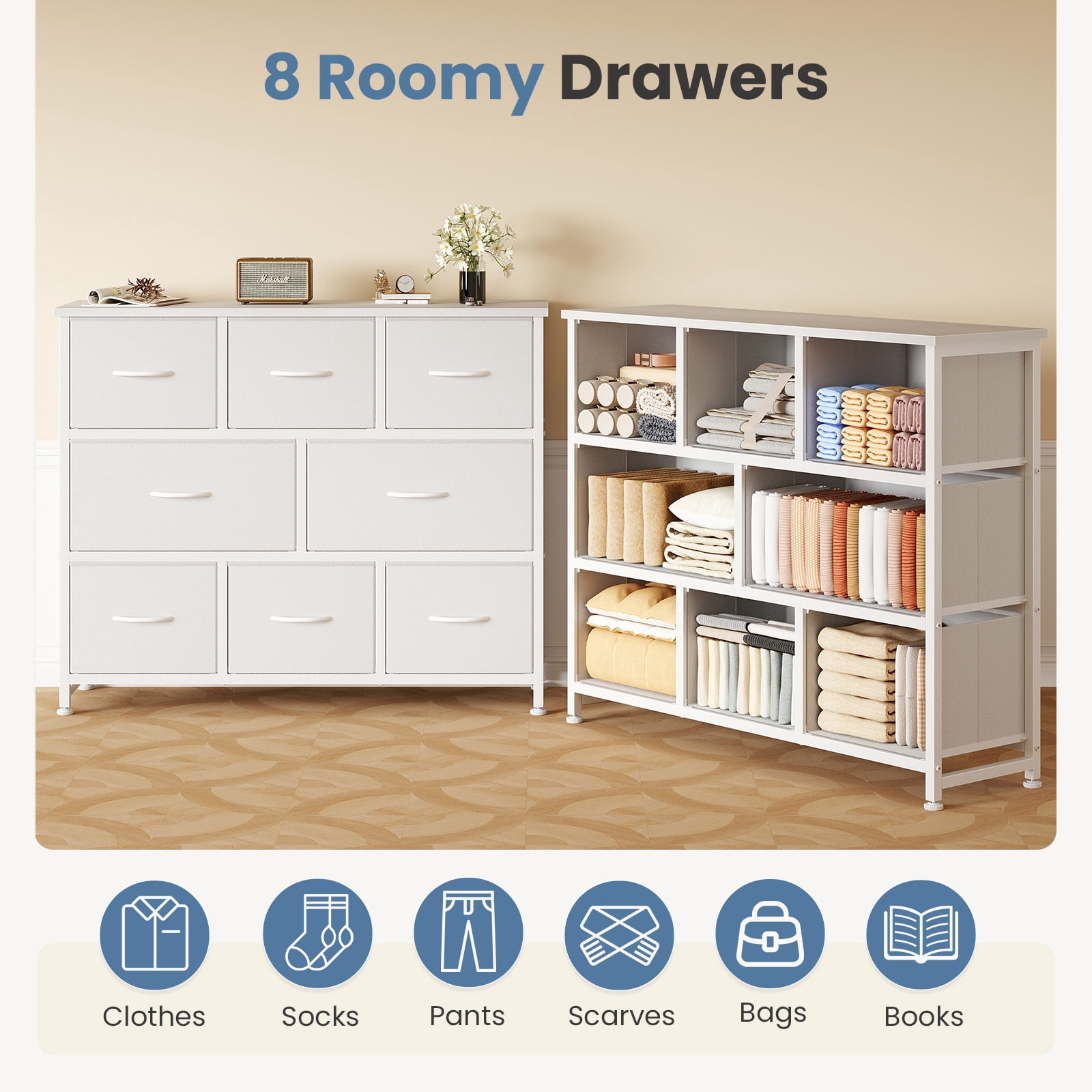 CONCETTA 8 Drawer Fabric Chest, Dresser for Bedroom, Wide Storage Tower for Closet, Living Room, Hallway, White