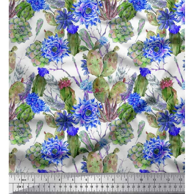 Soimoi Blue Polyester Crepe Fabric Feather,Cactus & Floral Print Fabric by Yard 42 Inch Wide