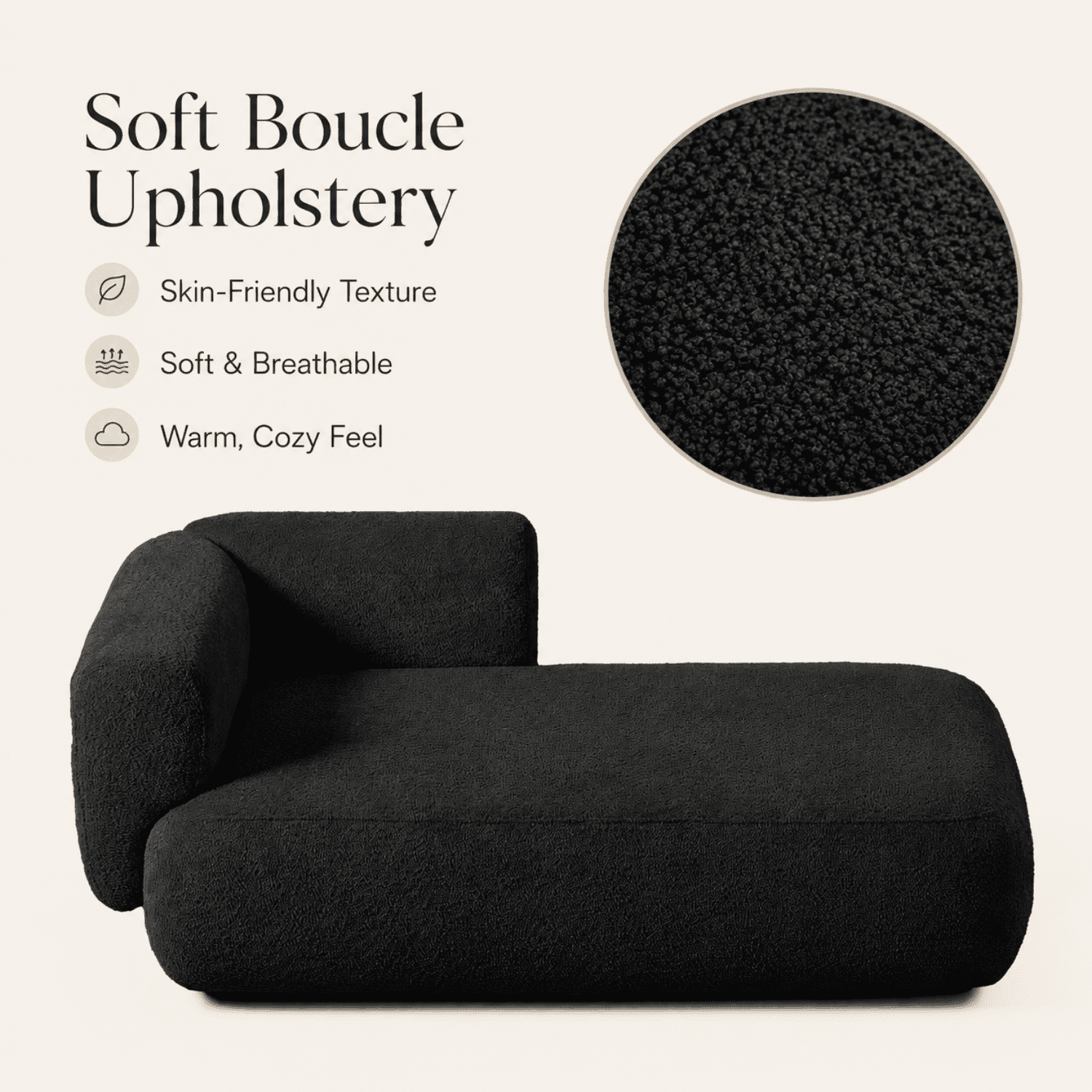 Miniyam Boucle Chaise Lounge Chair, One Arm Upholstered Chaise Sofa with Single-Sided Back and Legs for Living Room, Black