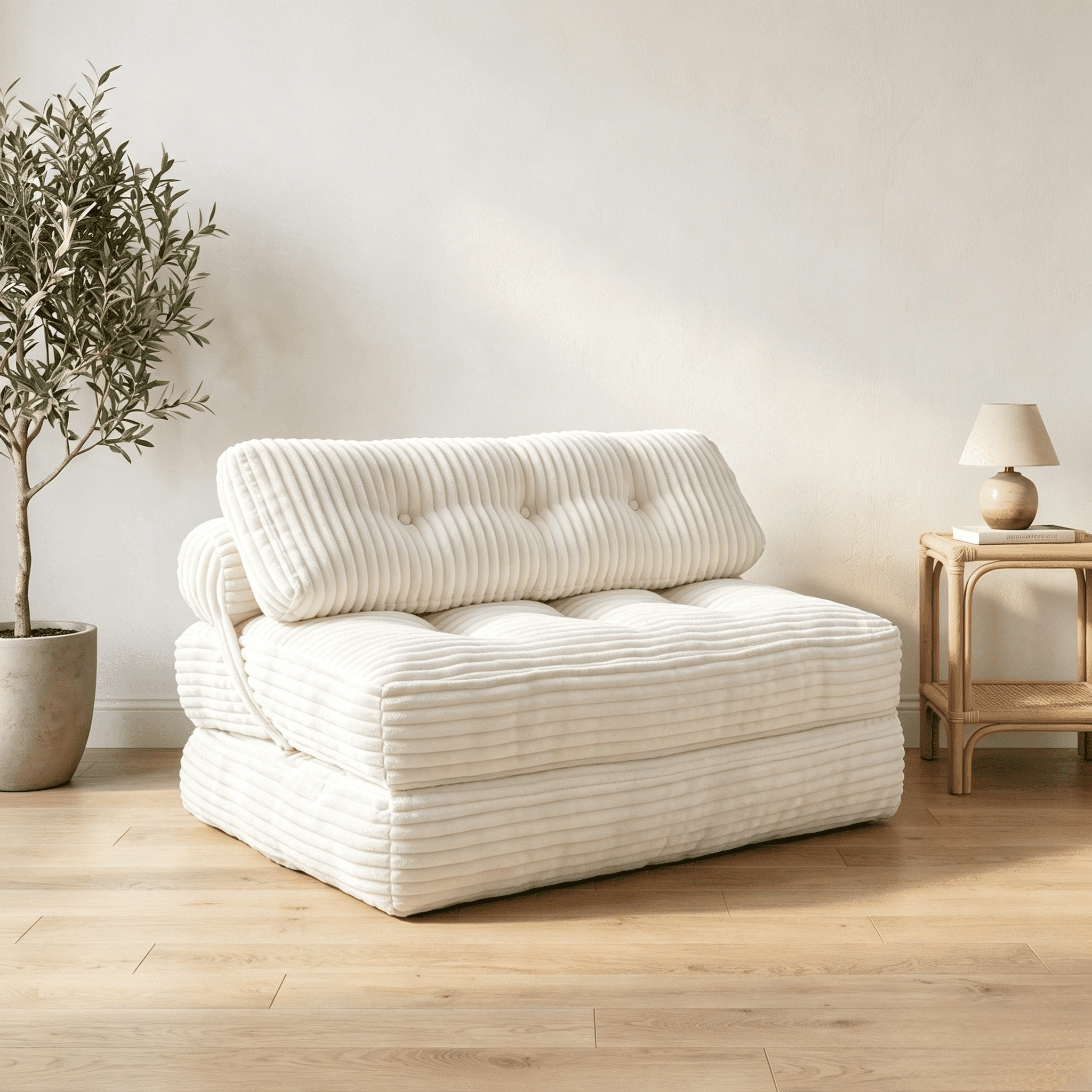 Howcool Corduroy Folding Sofa Bed,3 in 1 Convertible Sleeper Chair with Pillow & Lumbar Pillow,Boneless Floor Sofa Couch Lounge Chair for Living Room Dorm,Beige