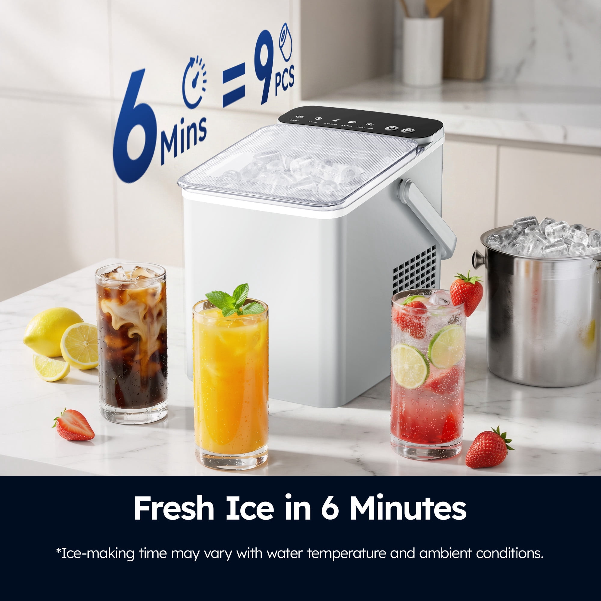 SIMZLIFE Portable Countertop Ice Maker Machine, 26 lbs Ice Per Day, 9 Bullet Ice Cubes Ready in 6 Minutes, Small & Large Ice Sizes, Self-Cleaning, 1.1L Water Tank, Ice Scoop & Basket, White