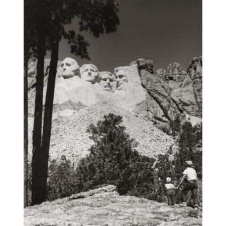 Rear view of a man and his son looking at sculptures of US Presidents carved in a mountain Mount Rushmore National Memorial South Dakota USA Stretched Canvas - (24 x 36)
