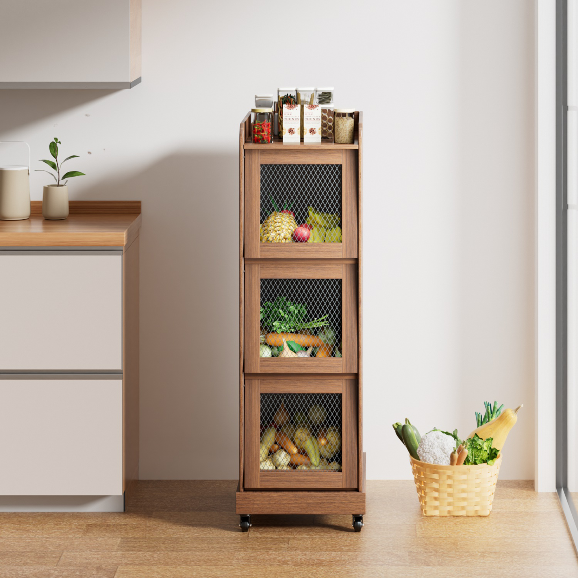 Food Small Kitchen Pantry Cabinet Wood Potato Storage Bins Farmhouse modern Fruit and Vegetable Box with Wheels for Kitchen Dining Room Living Room