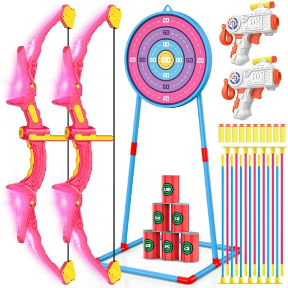2 Pack Kids Bow and Arrow Set, Pink Light Up Archery Toy Set, 2 Foam Dart Blaster & 6 Target Cans Toys for Ages 5-7, Kids Indoor Outdoor Birthday Gif