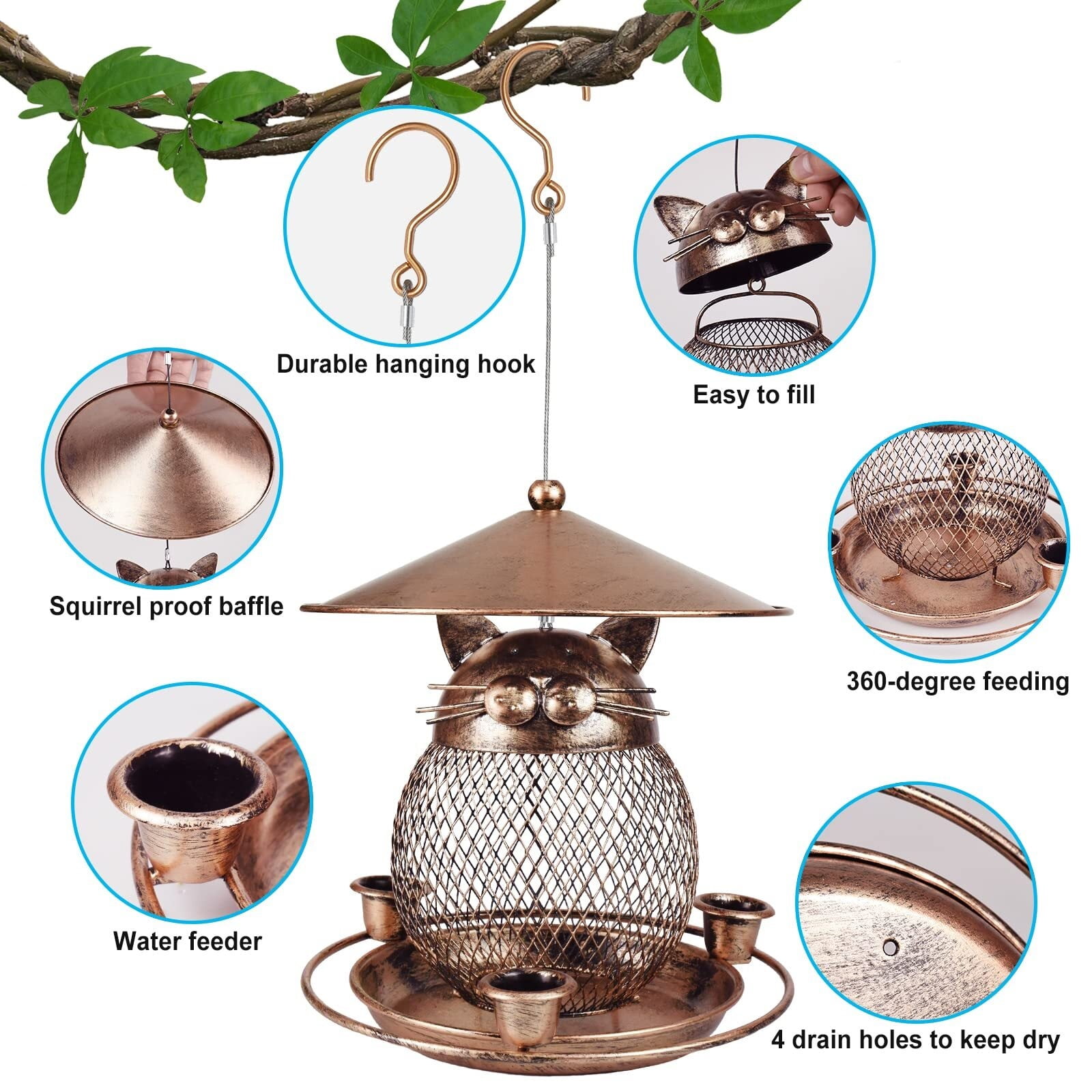 Bird Feeder for Outdoor, Squirrel Proof Metal Wild Bird Feeder Decoration for Hanging Outside Garden Yard, Cute Cat-Shaped