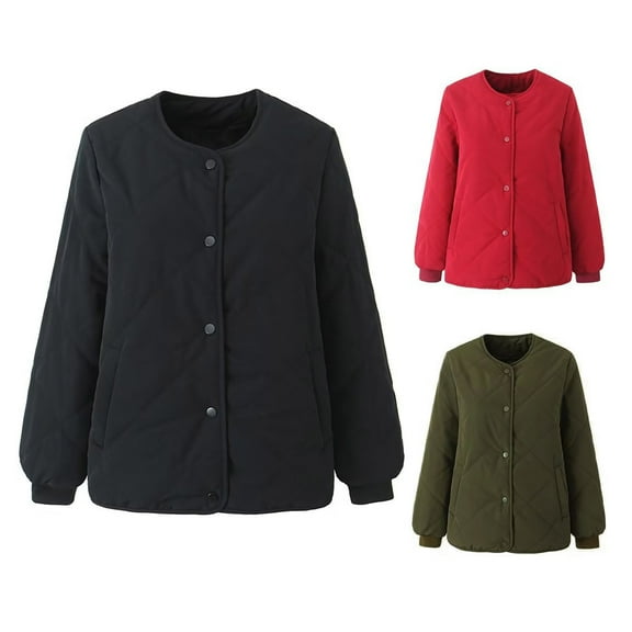 Jinhomg Women's Lightweight Quilted Jacket Warm Crew Neck Puffer Padded Outwear Winter Single Breasted Coat with Pockets 90 Percent off Clearance Sale Black S