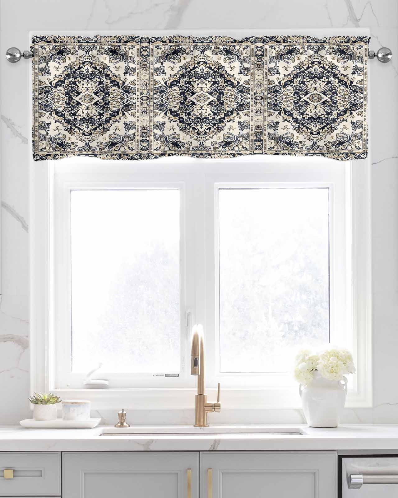 Black White Boho Kitchen Valances for Windows Farmhouse Linen Window Valance Curtain for Living Room Window Treatment Vintage Ethnic Tribe Abstract Art Valance Rod Pocket Topper Drape, 42 x 18 Inch