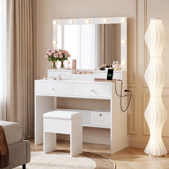 Haewon 31" Vanity Desk with Mirror, LED Lights and Charging Station, Makeup Vanity with Storage Stool, Vanity Set for Bedroom, White