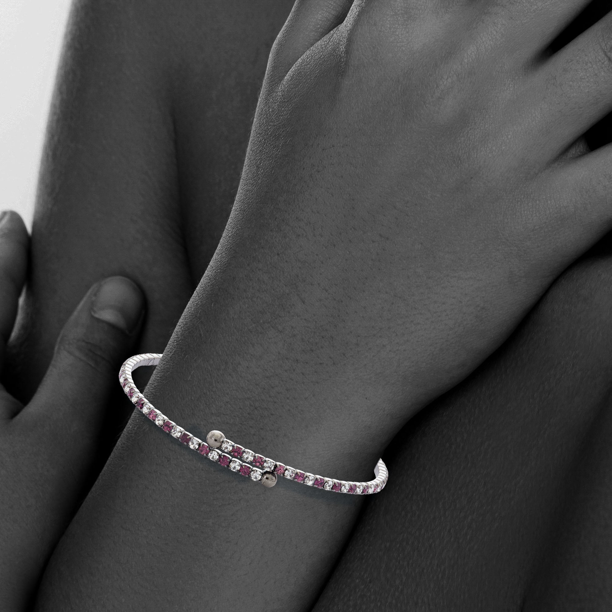 X & O Black Rhodium Plated Crystal Single Row Flex Bangle in Amethyst and White Crystal Combination