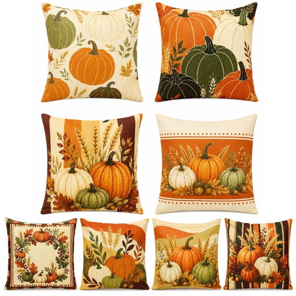 Fall Pillow Covers 18x18 Set of 4, Pumpkin Maple Leaves Thanksgiving Throw Pillow Covers for Couch Sofa Farmhouse Decor Set 3
