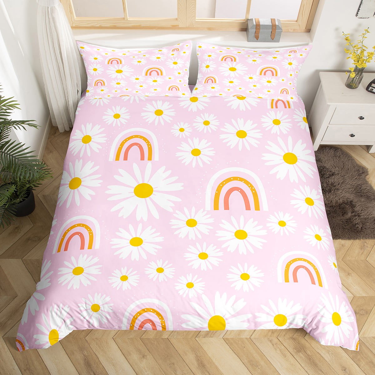 Girls Pink Kawaii Bedding Set King,Daisy Rainbow Duvet Cover For Kids