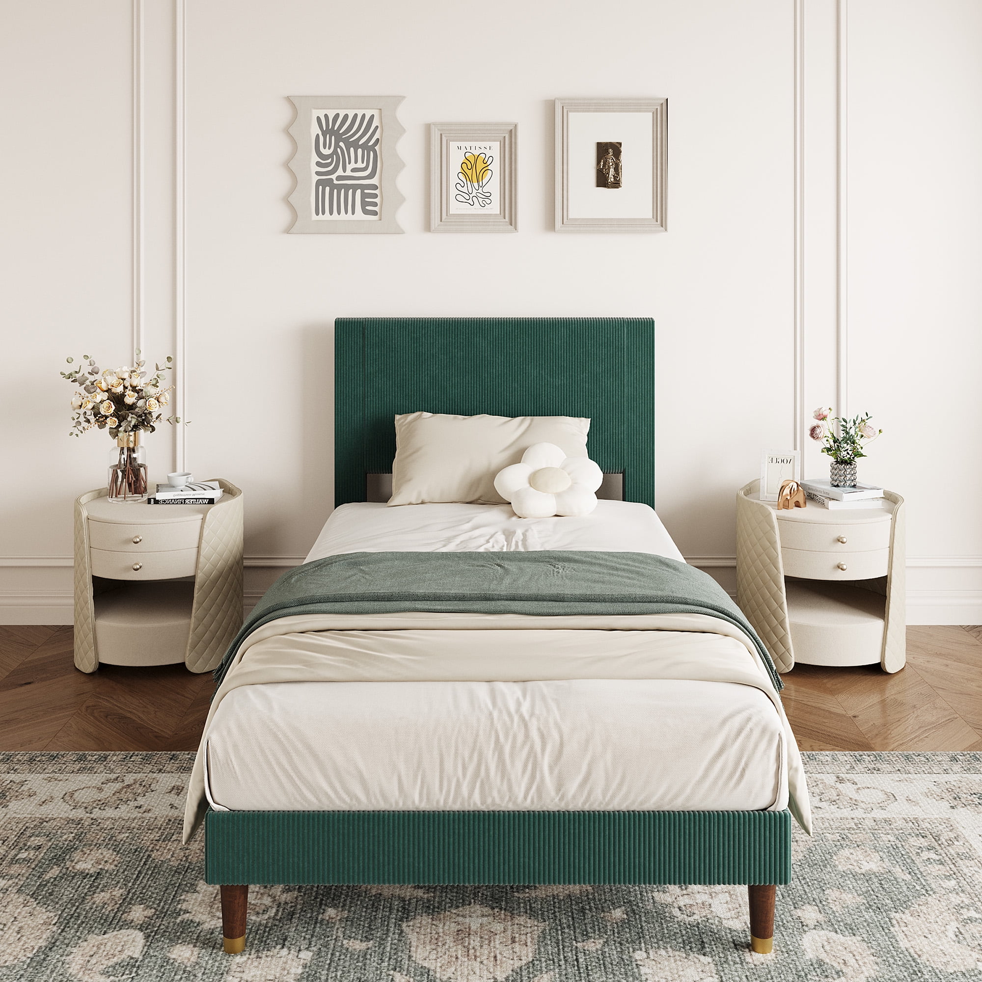 King Size Corduroy Bed Frame with Headboard, Heavy Duty Wood Slats, Noise-Free & Easy Assembly, No Box Spring Needed, Modern for Bedroom, Guest Room, Apartment