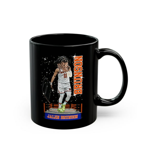 NY Jalen Brunson 11 Wrestling Cartoon Basketball Black Mug (11oz, 15oz)