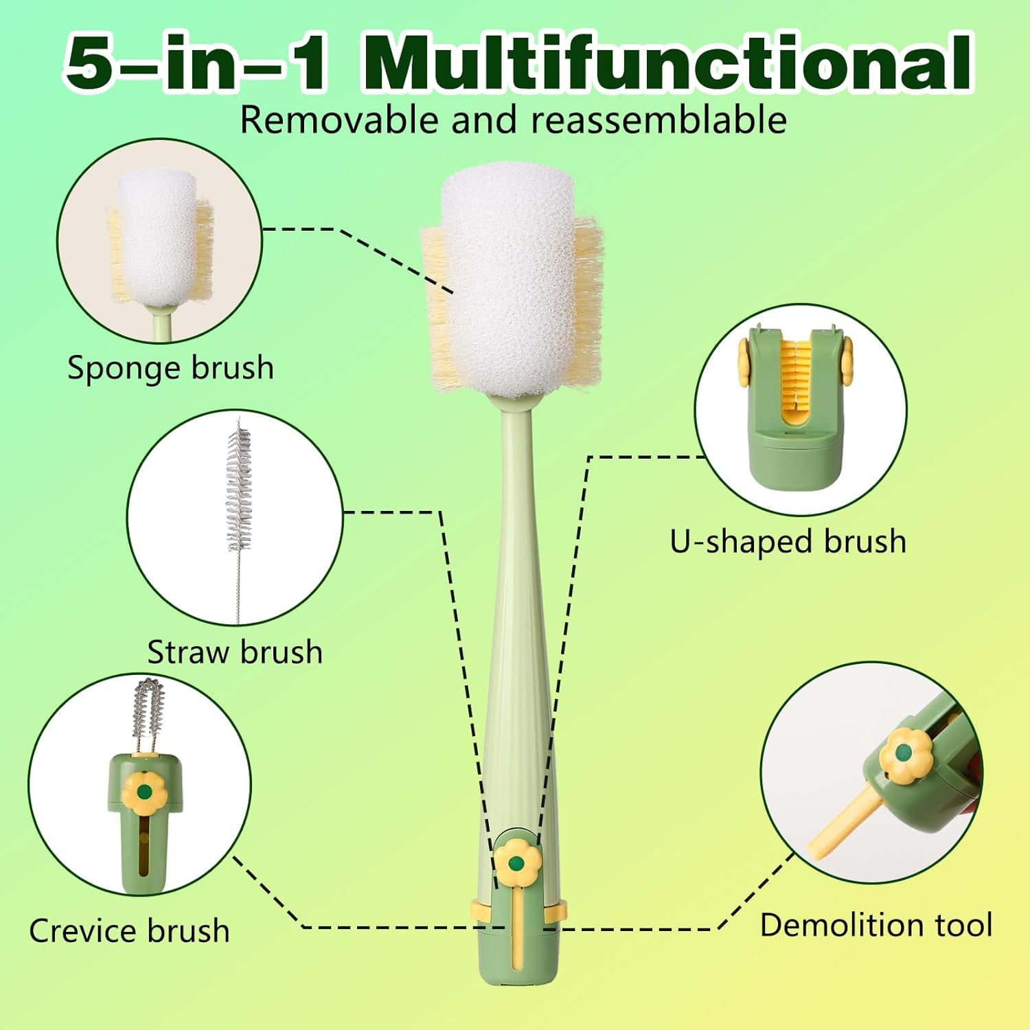 5 in 1 Bottle Cleaning Brush Set, 2026 New Multifunctional Water Bottles Cleaner Brushs, Detachable Portable Bottle and Cup Lid Cleaning Brush Tool, Straw, Lid, Gap & Cup Brushes (Green + White)