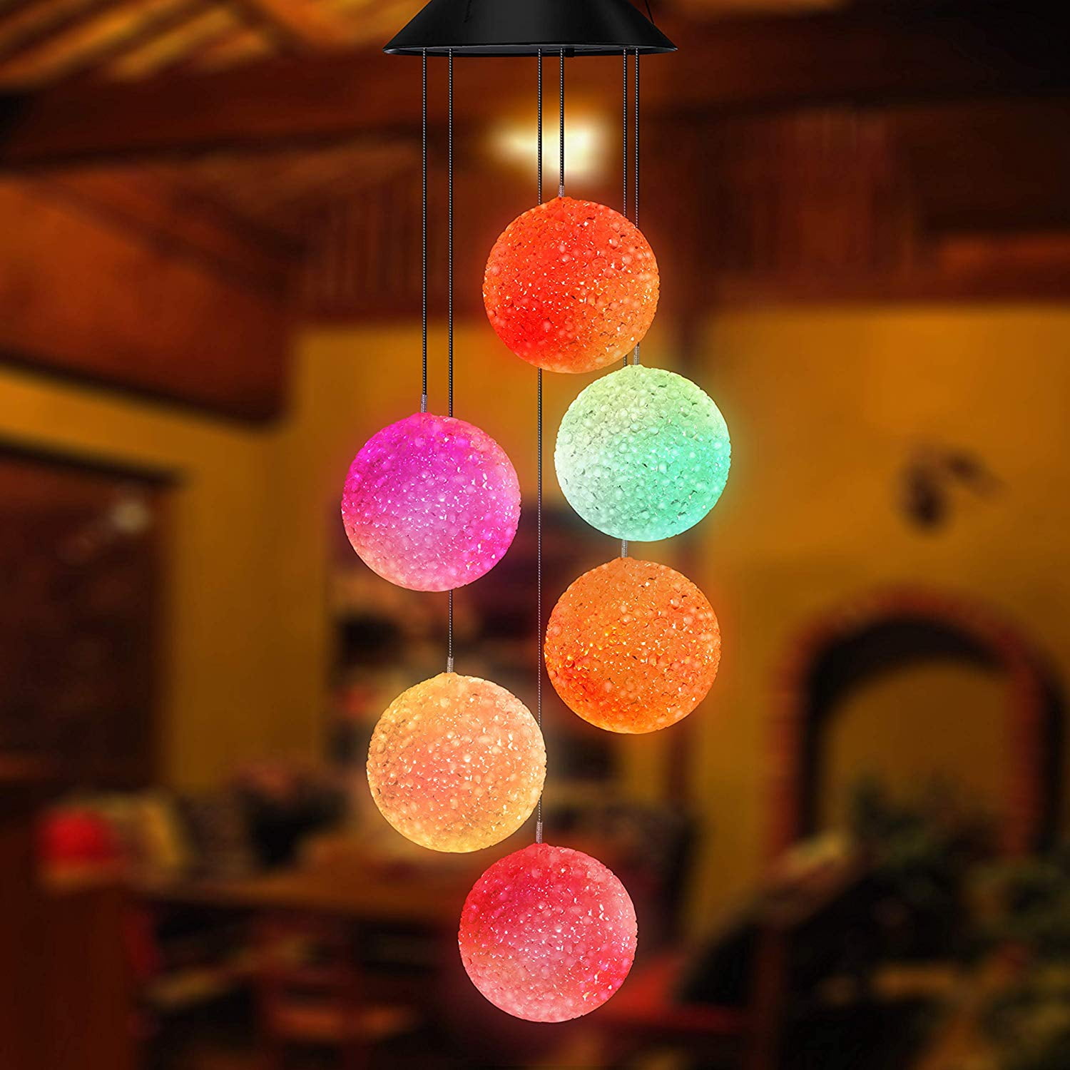 Solar Wind Chime Lights Colorful Variations Solar Lights Rotating Crystal Ball Lights Wind Chimes Hanging Lamps for Courtyard Garden Party Festival Outdoor Decoration 