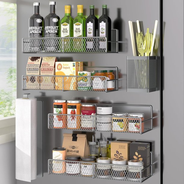 para especias para refrigerador, paquete de 7 estantes magnéticos 100% metal, organizador de especias de cocina con estante de gancho, soporte para toallas de papel, organizador de