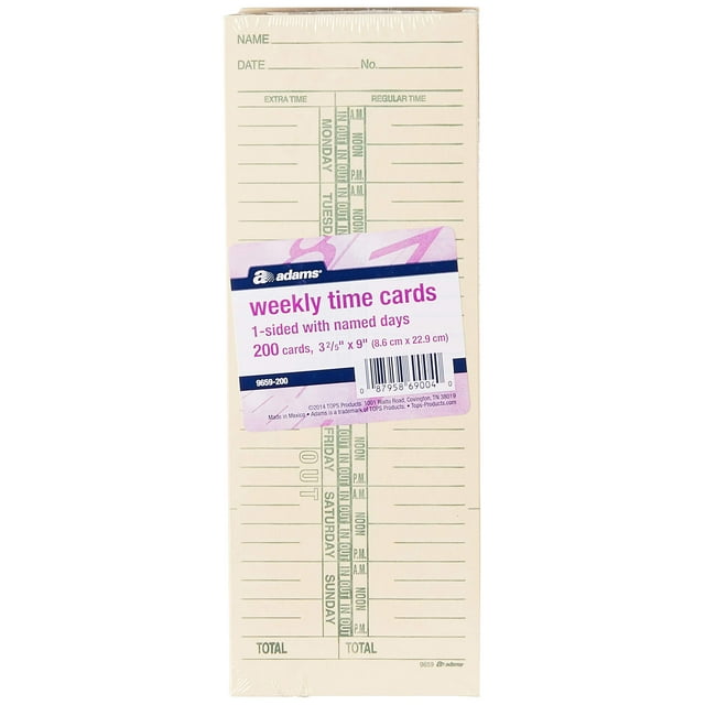 Tarjetas de Tiempo Adams Semanales con Días Nombrados, 200 Unidades
