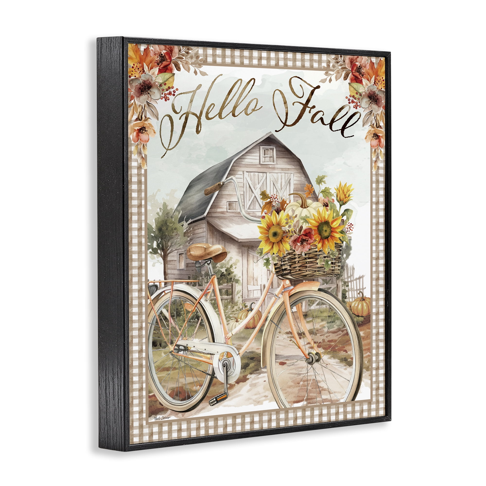 Stupell Industries Hello Fall Cottage Bicycle Botanical & Floral Painting Black Framed Art Prints Wall Art, 24 x 30