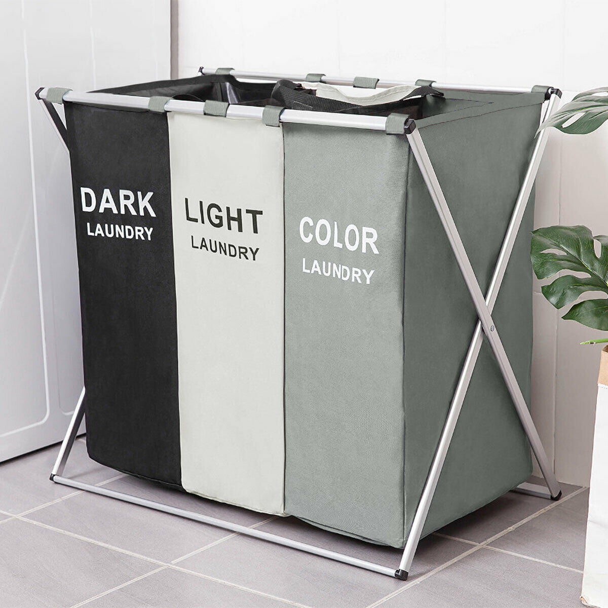 Foldable Clothes Laundry Basket 3 Section Hamper Bag Large Cart with Wheels USA 