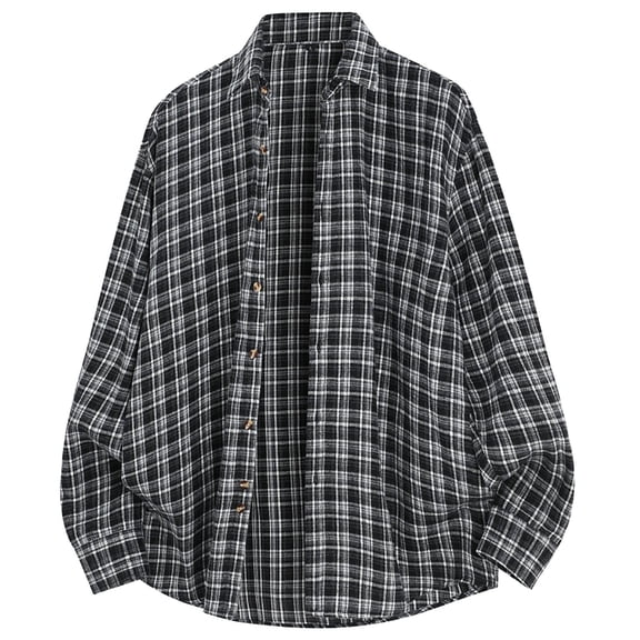 Uaswgudfs Men's Vintage Plaid Button - Down Flannel Shirt Long Sleeve Oversized Casual Loose Fit for Autumn Winter Warmth Black L