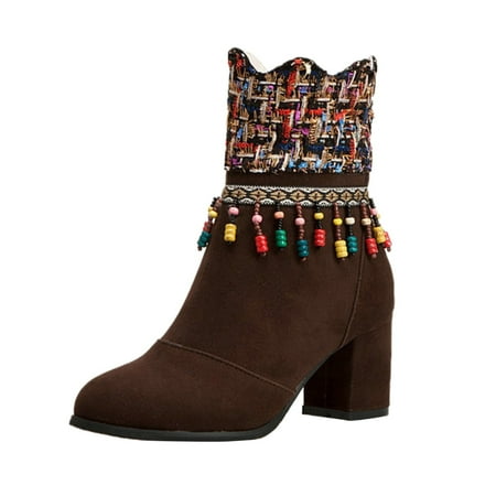 

Women Ankle Boots Autumn Winter Fashion Large Tassel National Style Comfortable Round Toe Square Heel