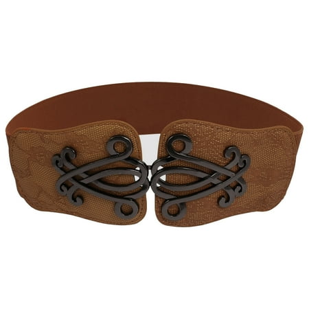 Cotton Elastic Waist Belt - Lady Faux Leather Floral Interlock Buckle Elastic Waist Belt. Brown