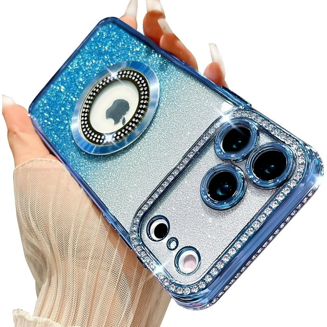 Compatible with iPhone 17 Pro Max Magnetic Glitter Case Compatible with Magsafe Luxury Bling Rhinestone Case with Logo View Plating Sparkle Diamond Camera Lens Protection for Women Girls
