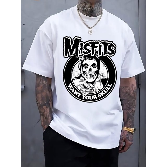 Misfits Rock Band Pattern T-Shirt Men's Black Casual Crew Neck Short Sleeve One Misfits Ride Johnny Ride Pattern T-Shirt W6 M