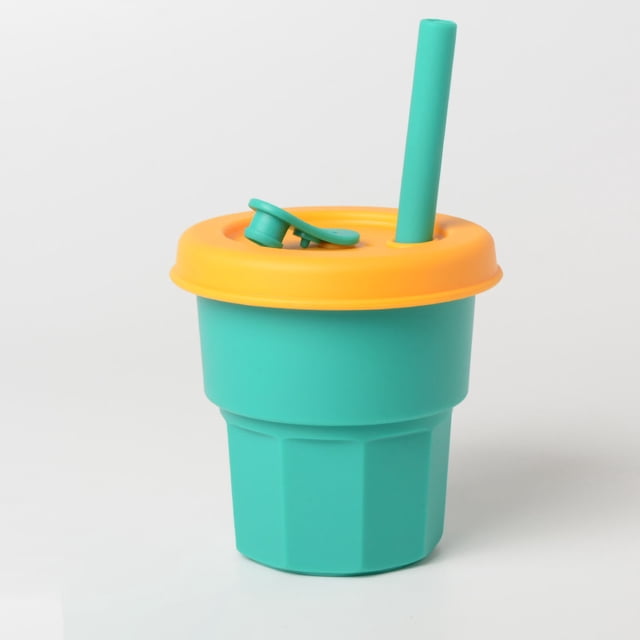 Botella de agua con pajita de dibujos animados para niños, taza de paja de silicona portátil a prueba de fugas para niñas, niños pequeños, verde, 400ml