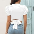 thumbnail image 5 of Women's Front Cross Back Bandage Sleeve Short Tops, Doll Neck Short Sleeve Shirt Blouse, Casual Puff Sleeve Button-up Shirt, Fashionable Women's Summer T-shirt for Everyday Wear, 5 of 5