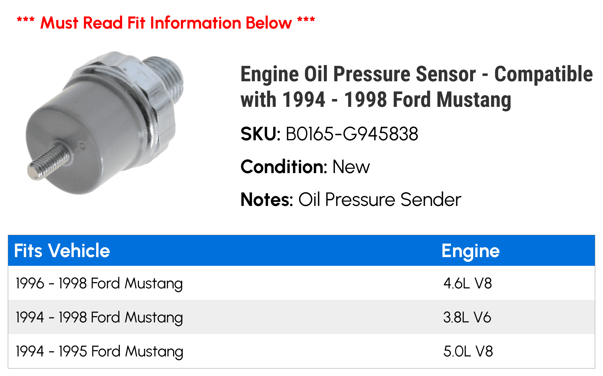 Engine Oil Pressure Sensor - Compatible with 1994 - 1998 Ford Mustang 1995 1996 1997