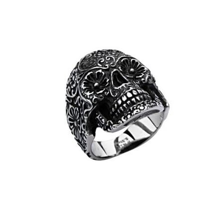 Inox Jewelry FRW8814-9 Skull Stainless Steel with Flower Eyes Ring - 9 in.