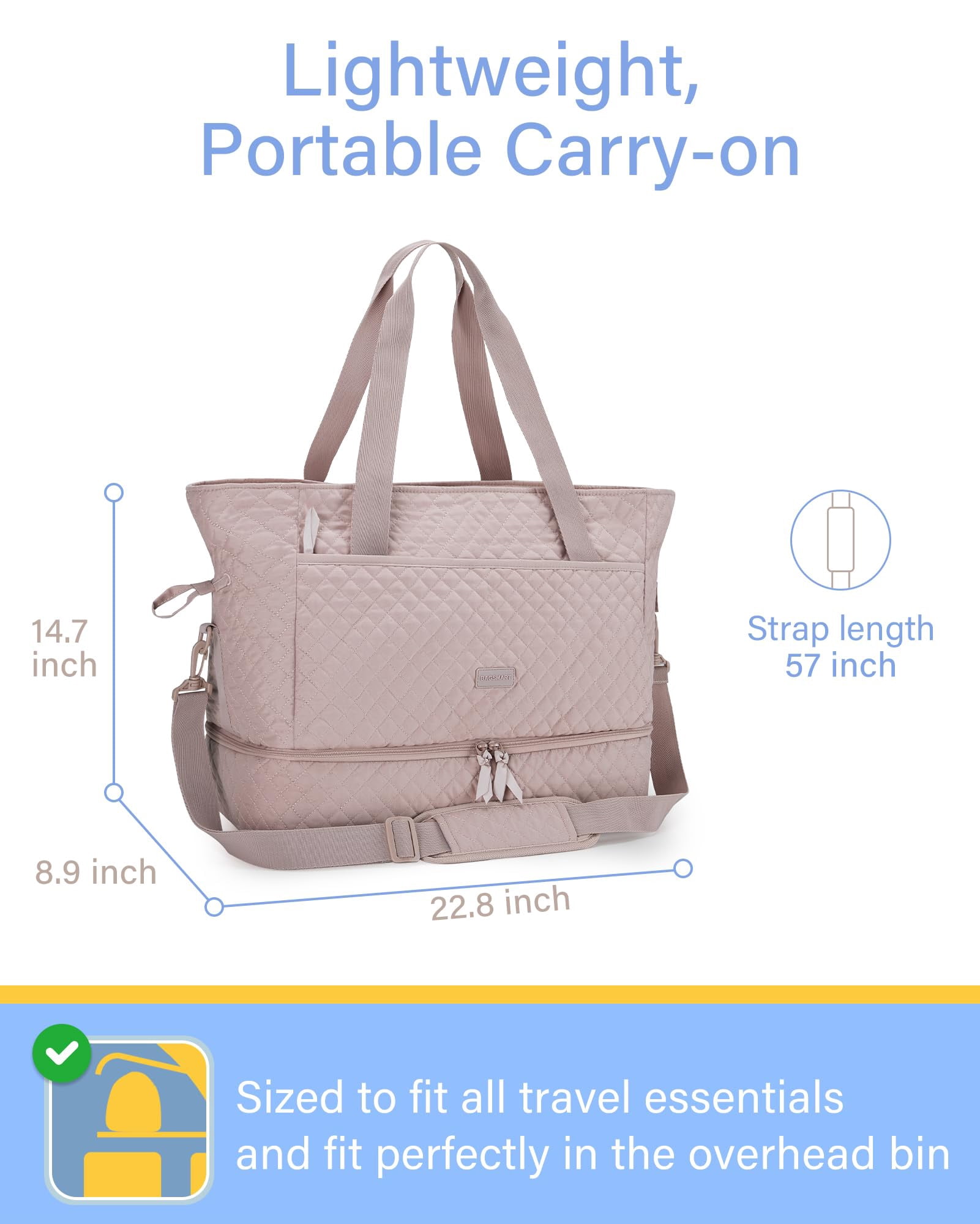 BAGSMART Weekender Overnight Bag, 39L Large Travel Duffle Tote Bag, Fashion Carry On Gym Bag Water-Resistant Shoulder Handbags with Shoe Compartment, Pink