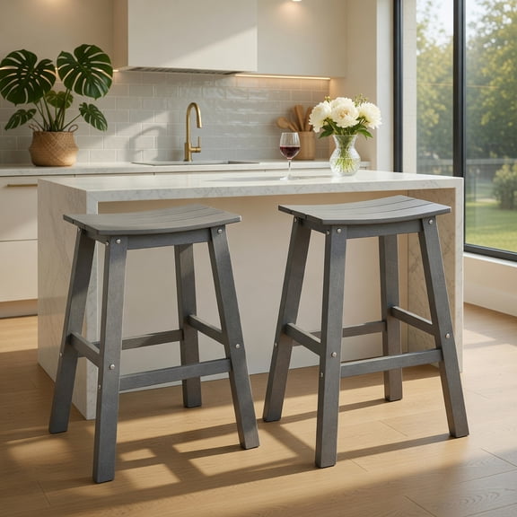 Topcobe 29 Inch HDPE Patio Bar Stool Set of 2 Armless Saddle Stools, Modern Furniture for Living Room-Gray