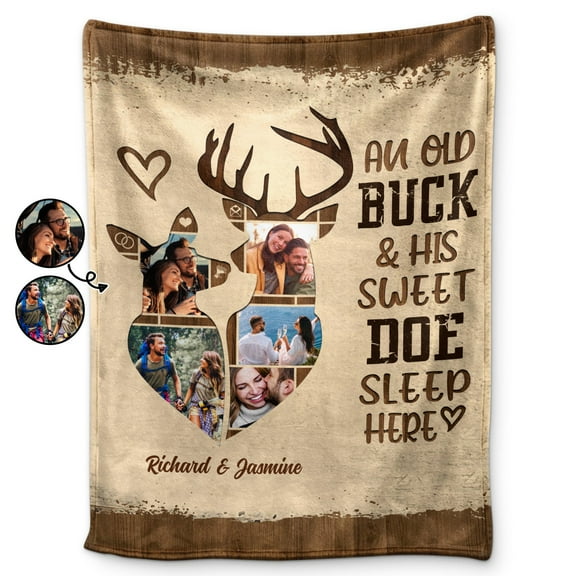 Custom Photo Old Buck & Sweet Doe Snuggle Blanket - Gift For Couples - Personalized Fleece Blanket