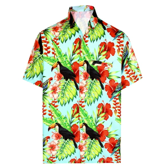 LA LEELA Men's Hawaiian Shirts Short Sleeve Button Down Shirt Floral Shirt Men Casual Vacation Summer Tropical Shirts for Men Funny L Toucan, Autumn Green