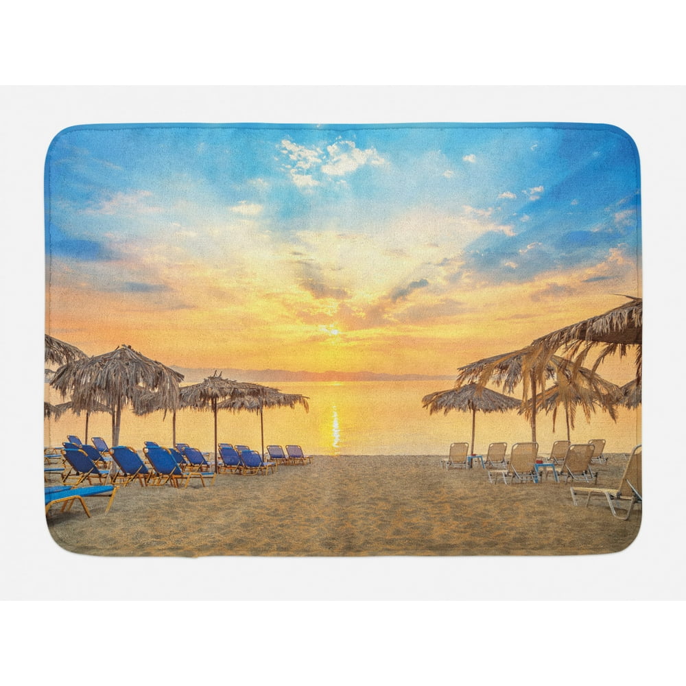 Summer Bath Mat, Sandy Beach with Vivid Sunrise Paradise Relaxation ...