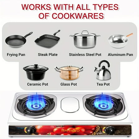 TIMVAGO Stainless Steel Double Burner Stove – Auto Ignition, Outdoor LPG Propane 2-Burner Portable Cooking Stove with Pressure Regulator & Hose, Perfect for Outdoor, Camping, and Home Use – Ideal Val