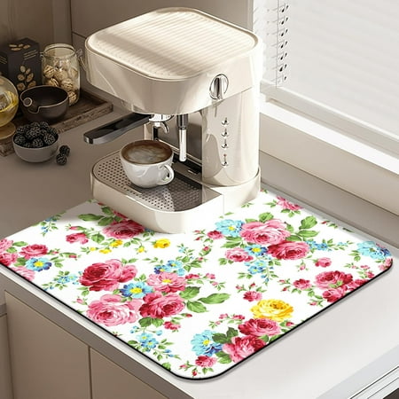 

Fashion Flowers Absorbent Coffee Mat - Waterproof Drying Mat Protects Kitchen - Bar Counter Decor 16x18inch