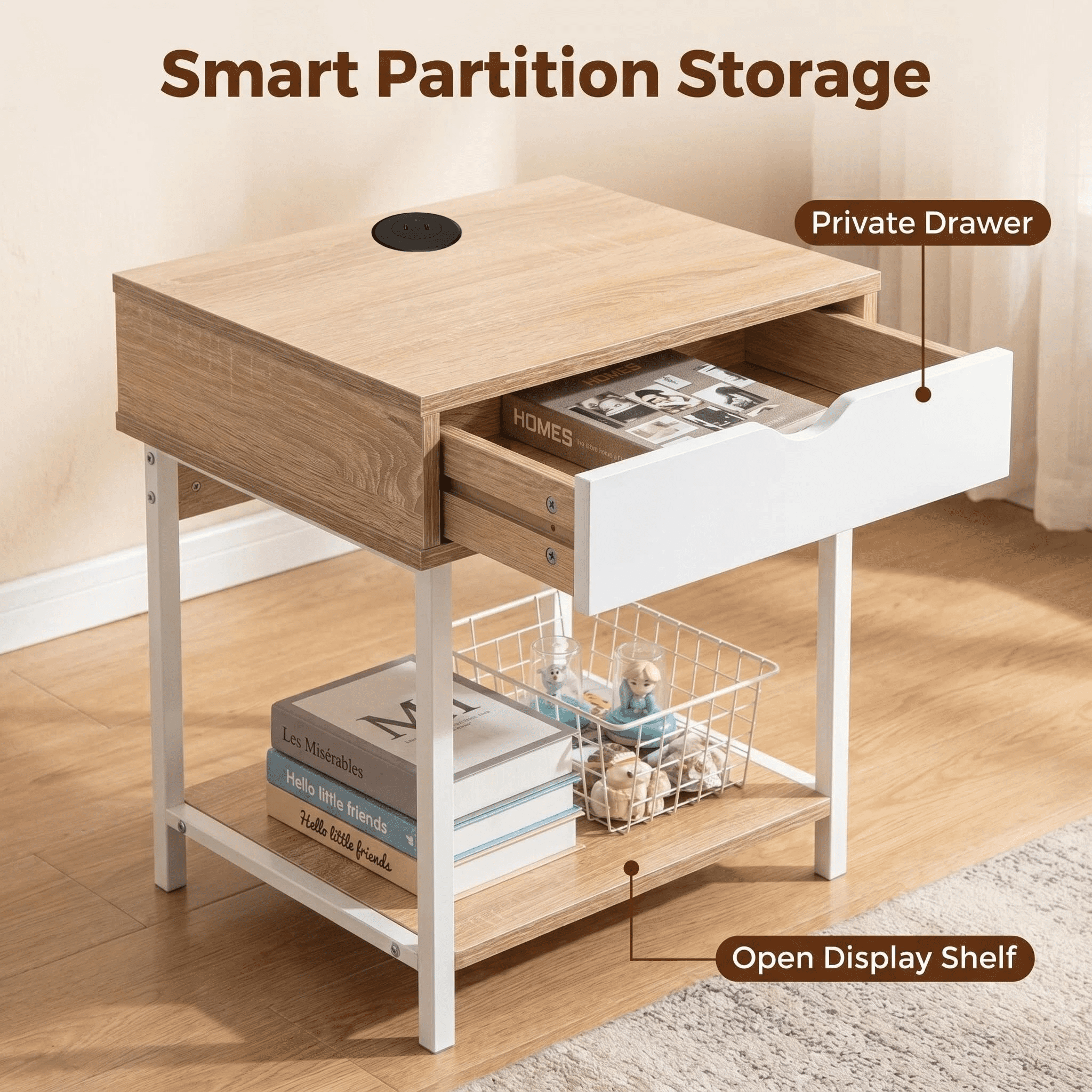 JJS Side End Table, Nightstand, Bedside Table with Drawer and Storage Shelves, Sofa Table for Living Room, Bedroom, Accent Furniture, Easy Assembly, Oak/White