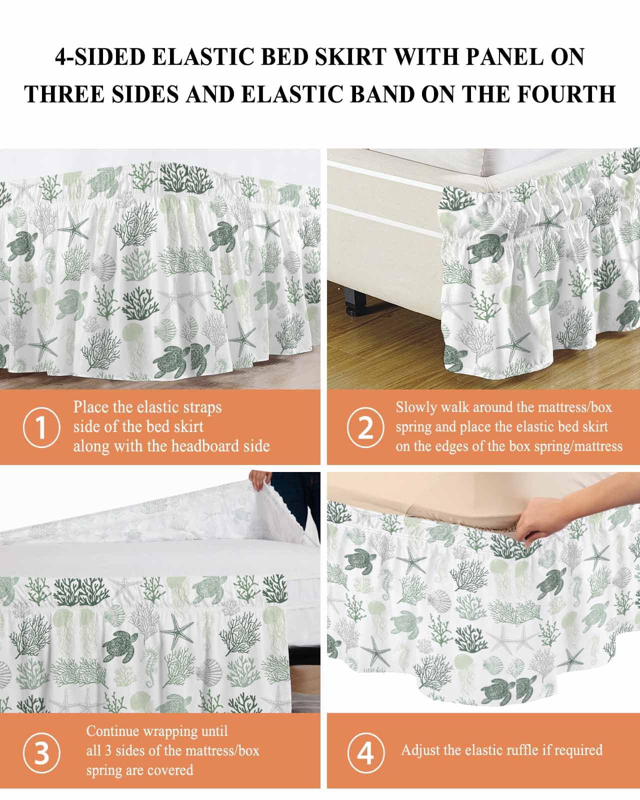 Sage Green Coastal Bed Skirt Queen Size, Nautical Summer Beach Coral Sea Turtle Wrap Around Bed Skirting with Adjustable Elastic Strap, Dust Ruffle Pleated Bedskirts 16 Inch Drop for Bedroom Beds