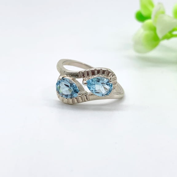 Elegant Blue Topaz Engagement Ring-Natural Blue Topaz Bypass Ring-Blue Birthstone Toi & Moi Ring-Topaz Couple Ring 925 Sterling Silver Gift