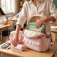 thumbnail image 4 of 3 In 1 Backpack Combo, Vertical Stripe Lace Trim Oxford Rucksack, Adjustable Padded Strap Sweet Cute School Kit for Teen Girls Daily School Shopping Trip, 4 of 7