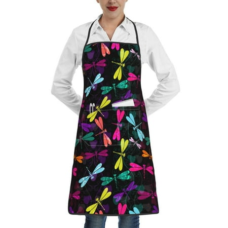 

Pofeuu Colorful Dragonflies Print Aprons with Pockets Cute Aprons for Kitchen Cooking Server Barber Chef Apron