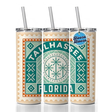 Tallahassee FL Florida Travel Vacation Stamp 20oz Insulated Water Bottle Skinny Tumbler Includes Straw