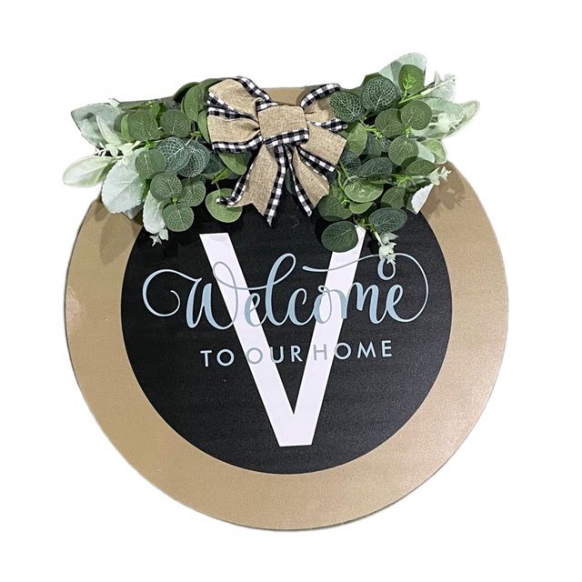 CSChome Door Sign Front Door Wreath A Z 26 Letters Round Sign with Fake Flower Rural Style Last Name Hanging Sign