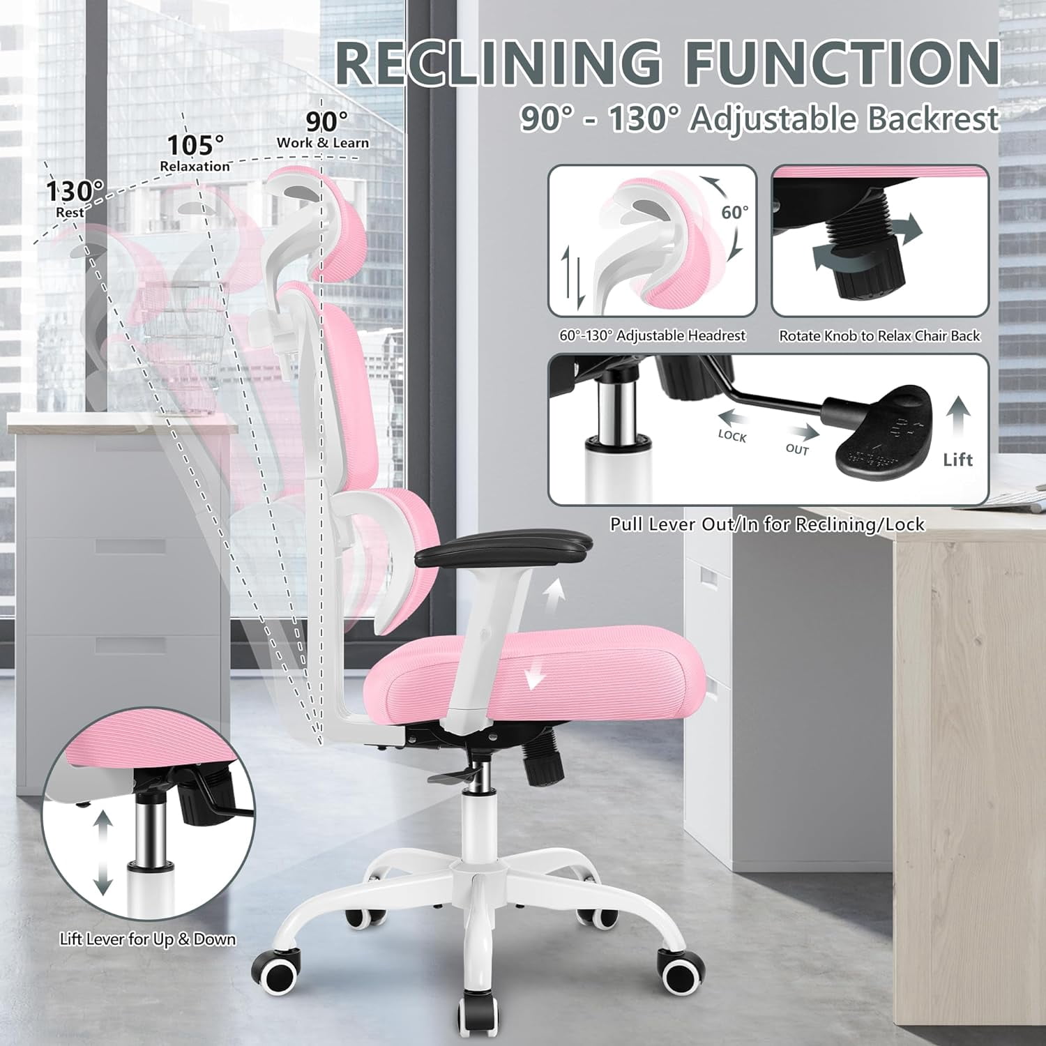 Office Chair, Ergonomic Desk Chair with Adjustable Height and Lumbar Support Swivel Desk Computer Chair with Flip up Armrests for Conference Room, Drak Gray