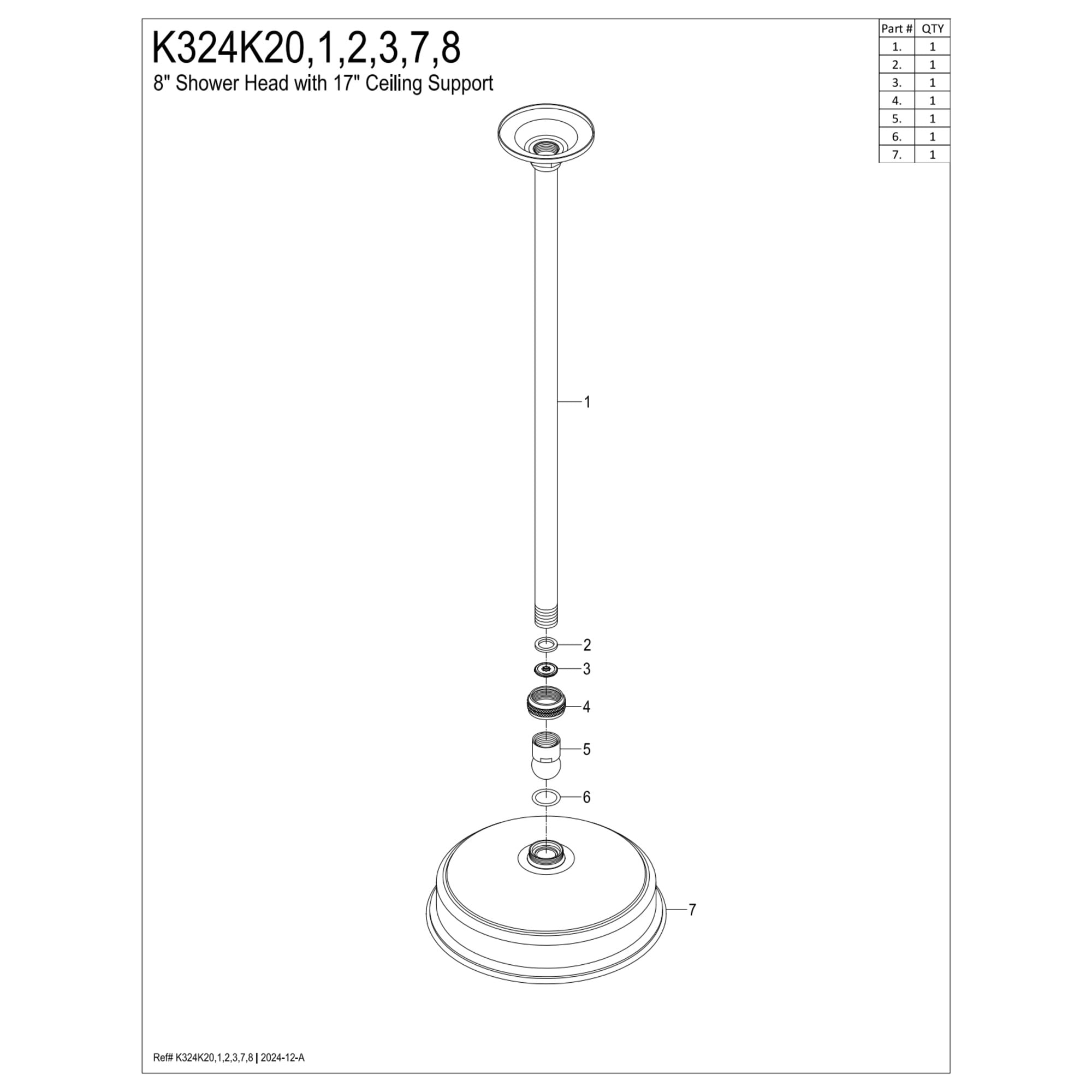Kingston Brass K324K27 Trimscape 8" Round Brass Shower Head with 17" Ceiling Mounted Shower Arm, Brushed Brass