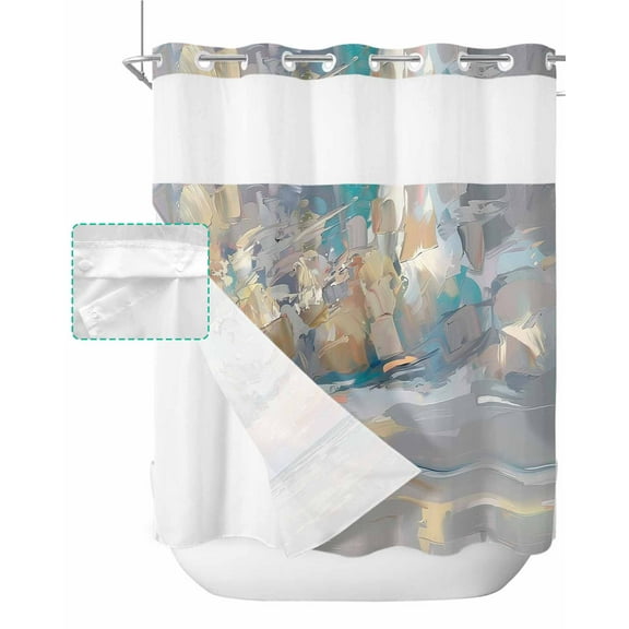No Hook Shower Curtain with Snap in Liner, Summer Abstract Ocean Oil Painting Blue Red and Brown Hotel Shower Curtains for Bathroom, Washable Shower Curtain Liner Set with Mesh Top Window, 72"x72"